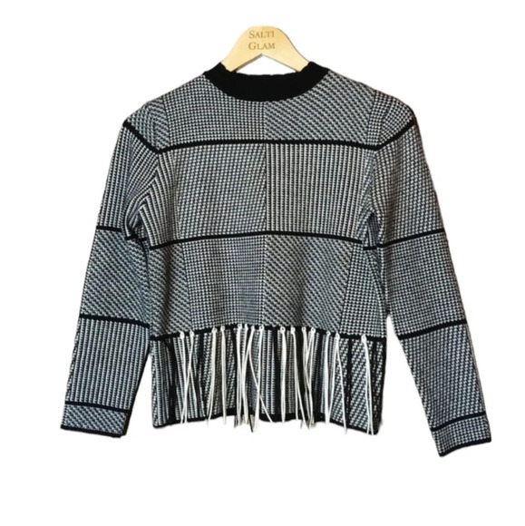 Haute Rogue front fringe western vibe houndstooth sweater mix print M - Picture 1 of 9